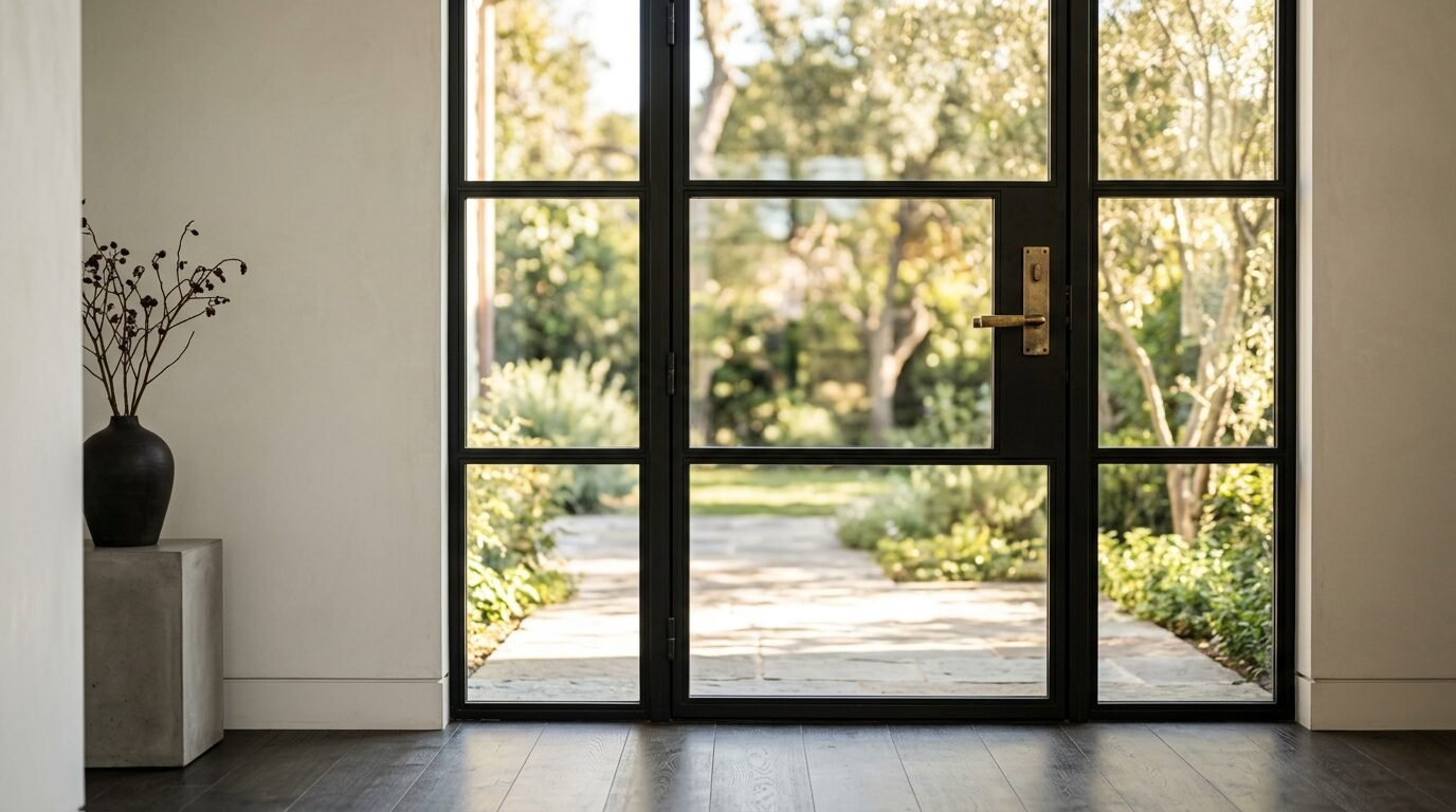Calm premium interior with a dark-framed door and warm golden light