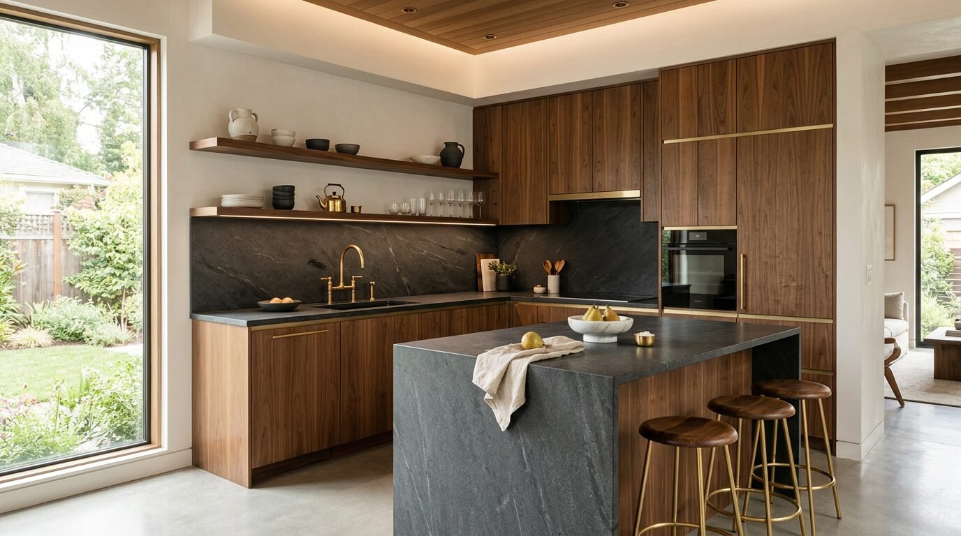 Premium ADU kitchen with warm wood, stone counters and brass fixtures