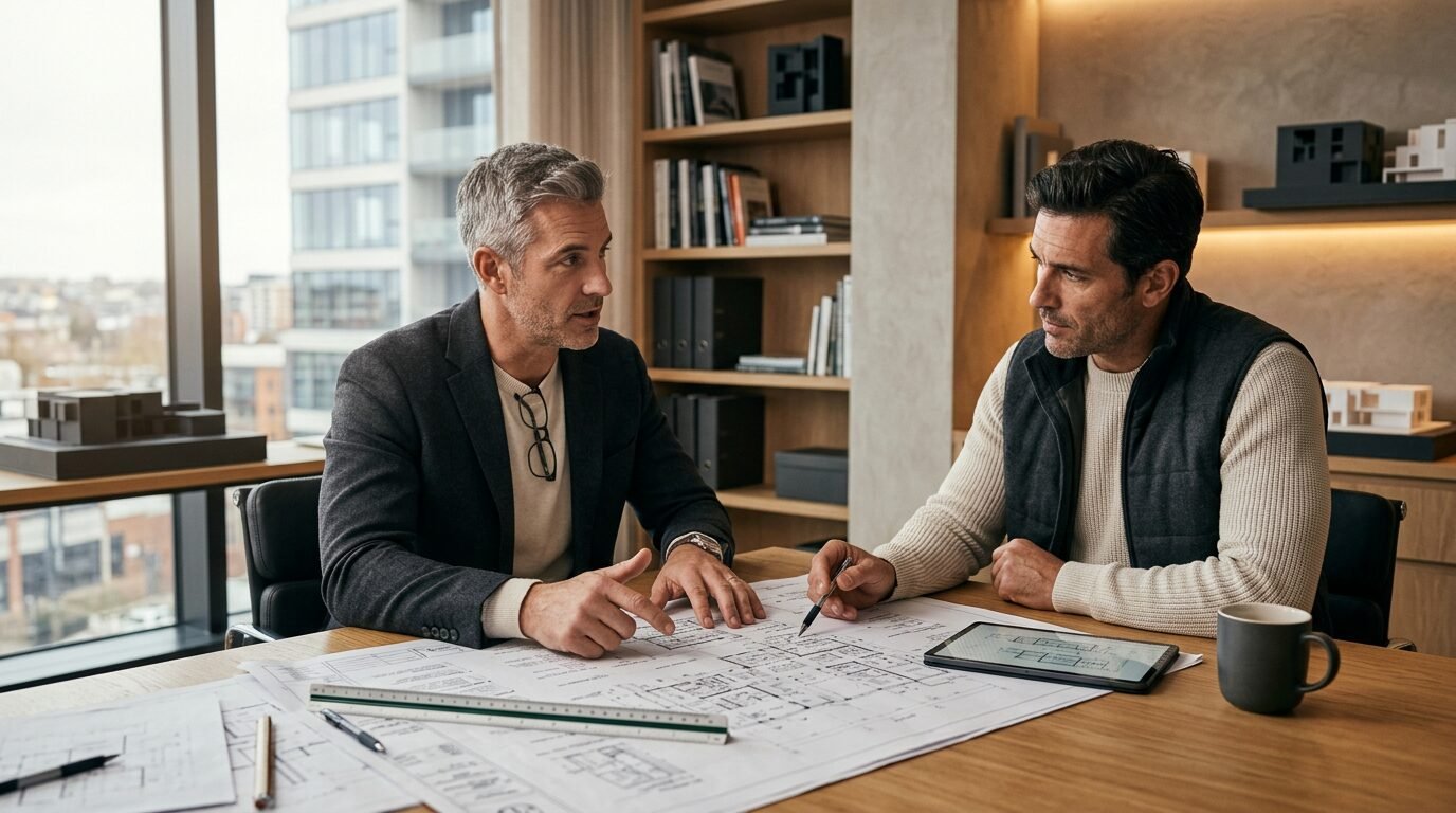 Architect and builder reviewing plans in warm natural light