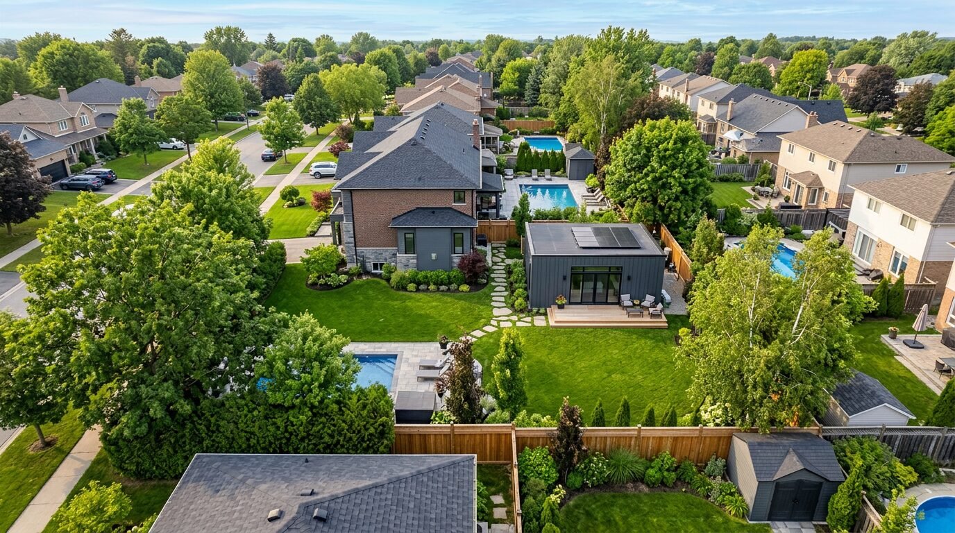 Aerial view of an Ontario suburban lot with a modern garden suite in the backyard