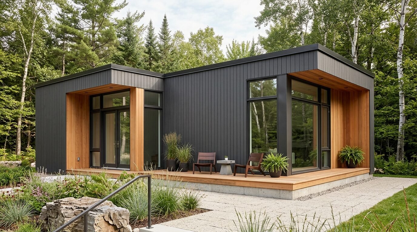 Modern Ontario ADU exterior with charcoal cladding and warm cedar accents
